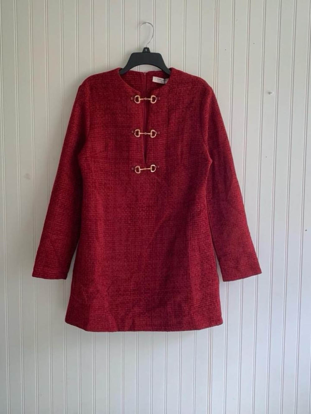 Commense Metal Buckle Tweed Mini Shift Dress Long Sleeve in red, size XL NWT